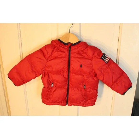 Kids Ralph Lauren Red Puffer Jacket American Flag‎ Patch Hooded Zip Front