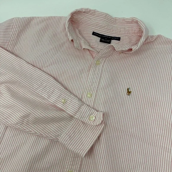 Ralph Lauren sport   Boys Size 16 Pink White Striped Oxford Button Up Shirt