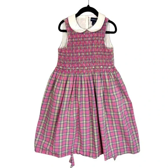 Vtg‎ Ralph Lauren Kids Girls 6 Pink Plaid Smocked Peter Pan Collar Dress Cotton