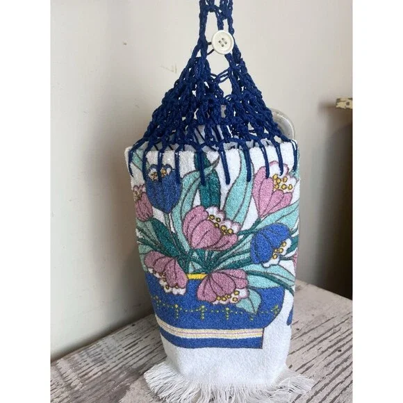 Vintage Crocheted Top Terrycloth Kitchen Hand Towel Florals Blues Pinks Retro
