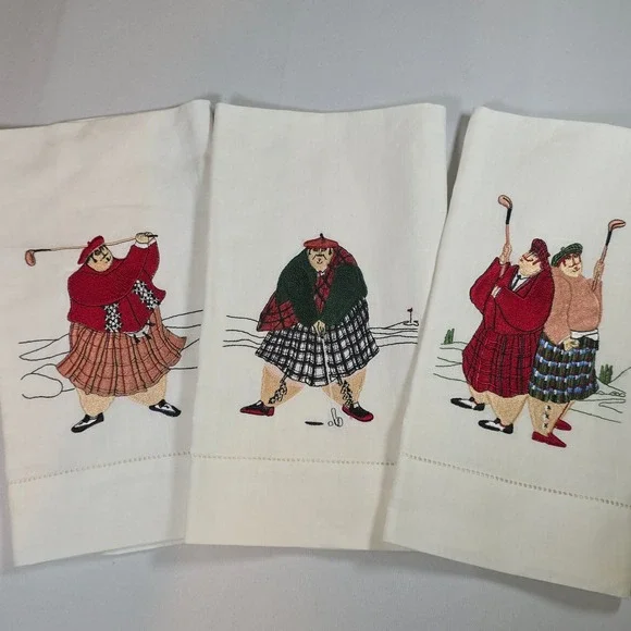 Scottish Golfers White Embroidered Tea Towels Set of 3 Ramie Cotton