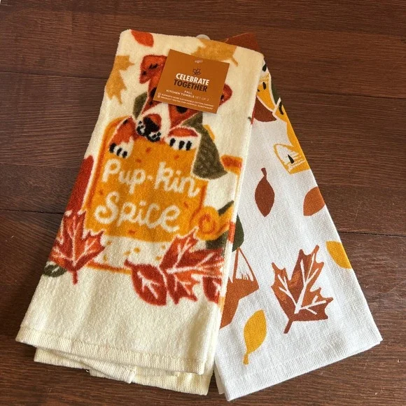 Celebrate Together Set Of 2‎  Fall Kitchen Towels Pup-Kin Spice With Cute Dog-