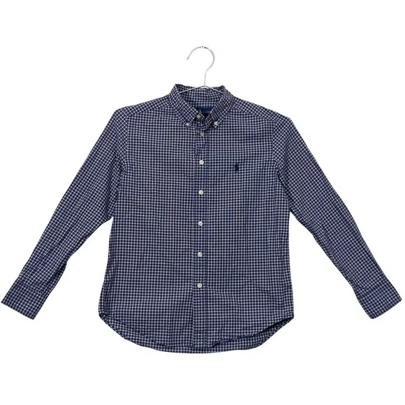 Ralph Lauren Button Up Boys Medium 10-12 Blue Plaid Shirt Long Sleeve Cotton