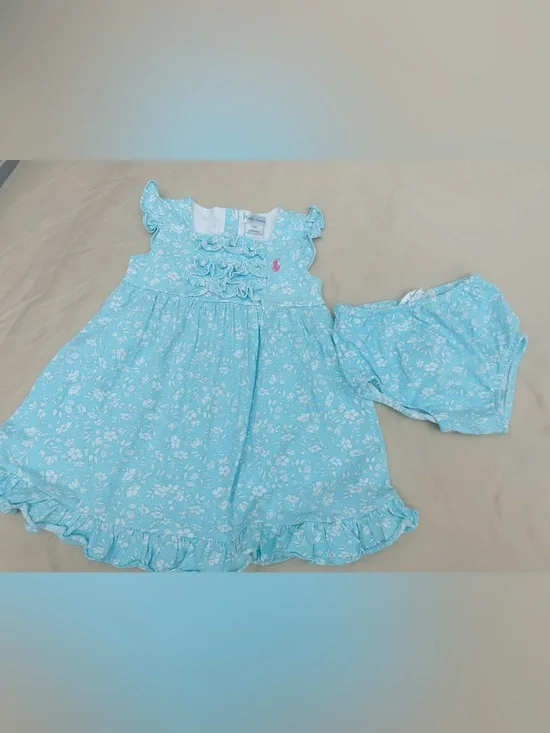 Ralph Lauren Aqua Floral Ruffle Baby Dress with Bloomers