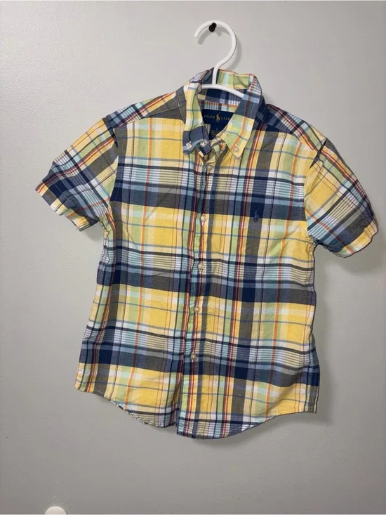 Ralph Lauren Yellow & Blue Plaid Short Sleeve Collared Button Down Shirt Boys 6