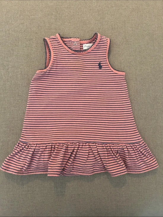 Ralph Lauren Coral Pink & Navy Striped Sleeveless Baby Dress