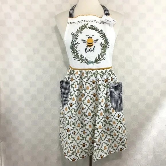 Market Square Bee Kind Embroidered Apron Honeybee Gingham Pockets White Yellow