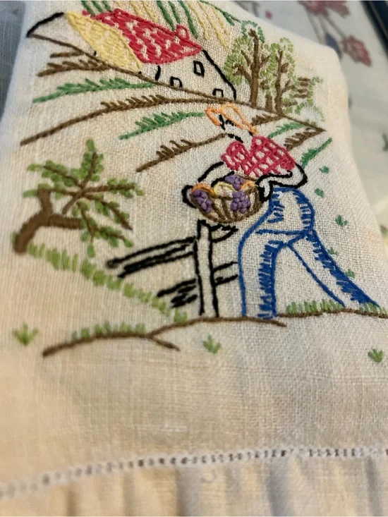 Hand-Embroidered Country Farm Scene with Figural Motif Tea Towel