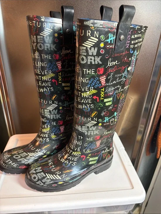 Colorful Graphic Rain Boots - Black with Multicolor Print