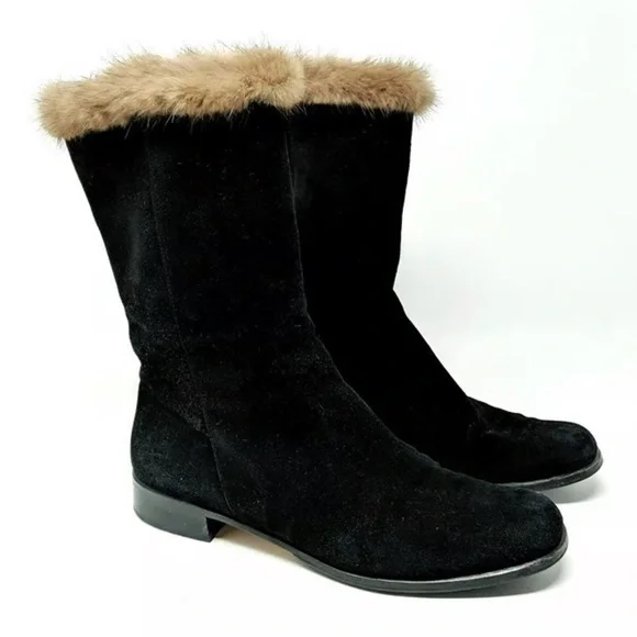 Salvatore Ferragamo Black Suede Boots with Real Mink Fur Trim