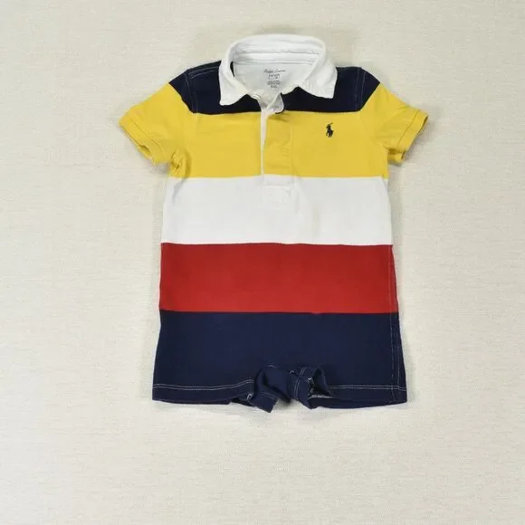 Ralph Lauren Baby Boy Polo Romper 12M Rugby Stripe Shortall One Piece Colorblock