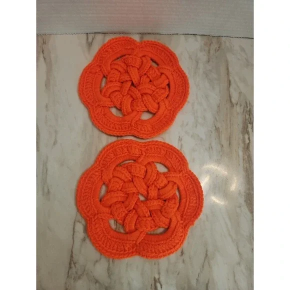 Handmade Celtic Knot Crochet Trivet Hot Pads Set Of 2 Orange  Vintage