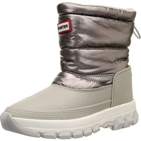 New HUNTER Insulated Metallic Short Snow Boots Winter Boot Silver Grey Size 6