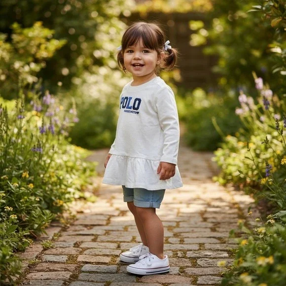 Ralph Lauren Baby Girls White Peplum Long Sleeve Polo Graphic Top 6M