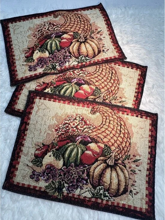 Fall Harvest Cornucopia Tapestry Placemats Set of 3 Thanksgiving Table Decor