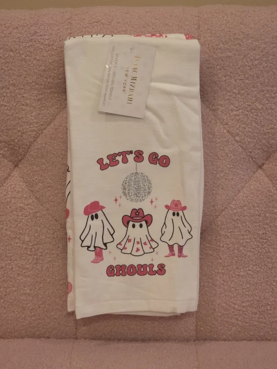 Let's Go Ghouls Ghost Kitchen Towel - White and Pink