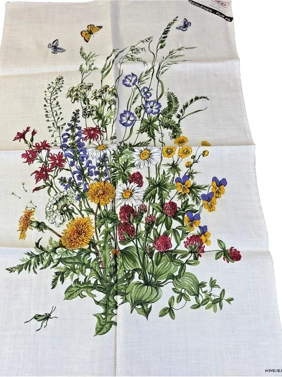 Vintage Kreier 100% Linen Tea Towel Swiss Table Wall Hanging Wildflowers Floral