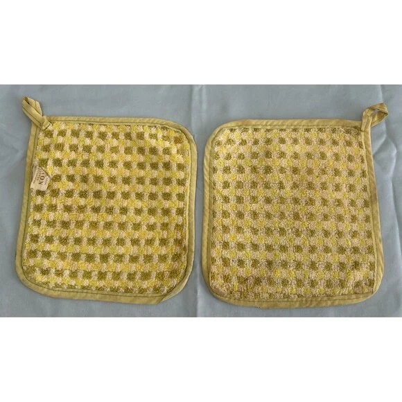 Vintage Cannon USA Cotton Terry Potholders Mustard Checkered 1970’s Distressed