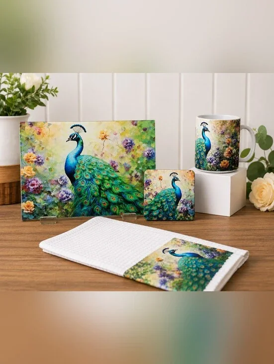 Hand Crafted Peacock Kitchen Linen Set in Green, Blue and Yellow