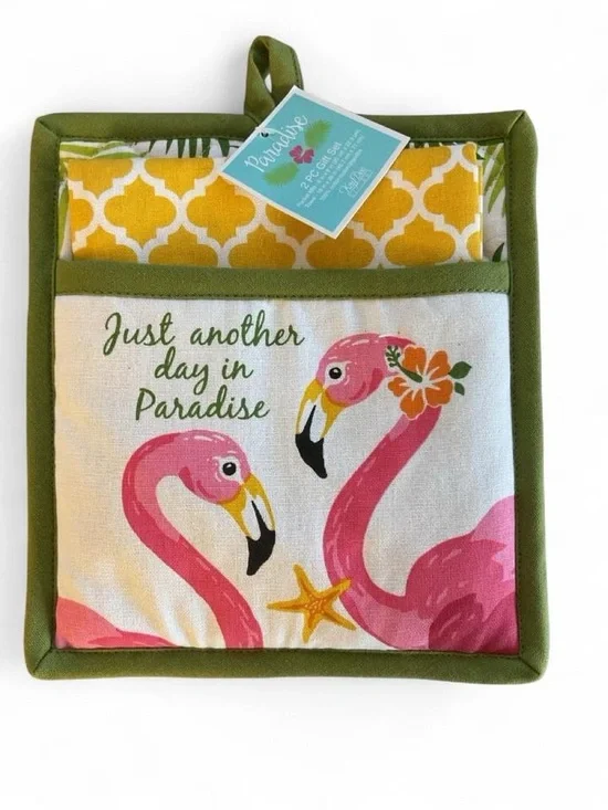 NWT Tropical Flamingo Oven Mitt/Pot Holder Set