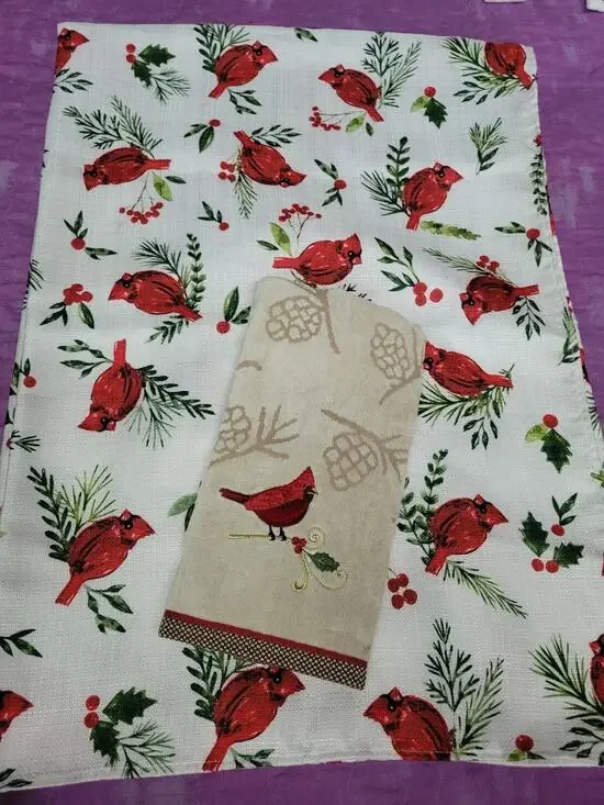 St Nicholas Square Red Cardinals Tablecloth Beautiful & Hand Towel