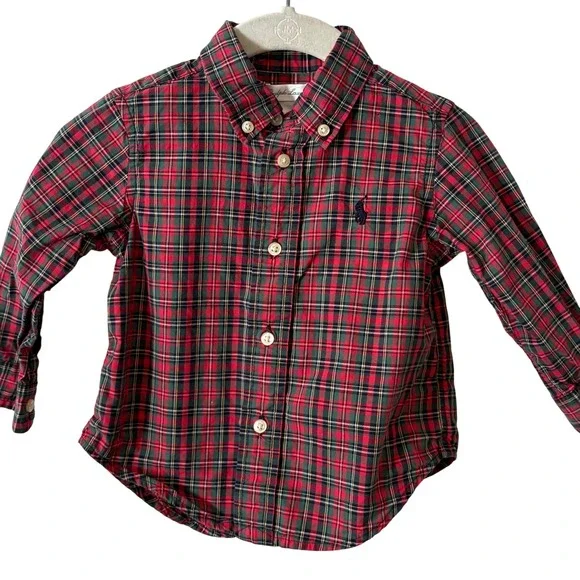 Ralph Lauren Kid's Red Plaid Holiday Button‎ Down Shirt in Size 12 Months