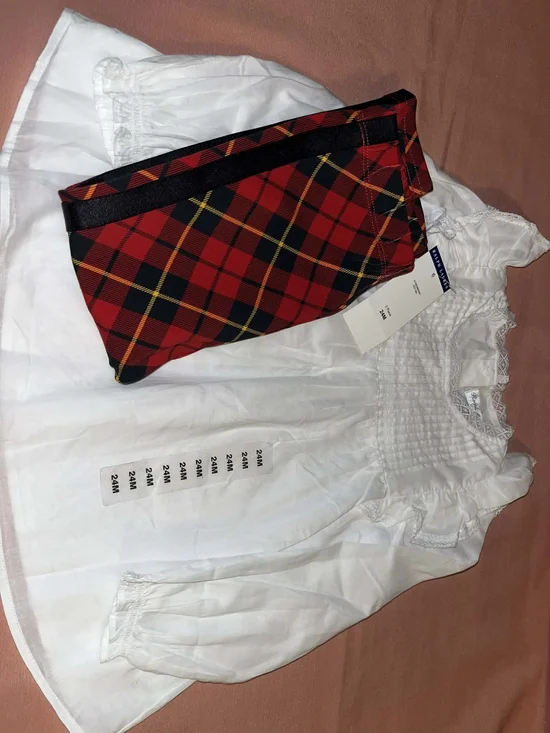 Ralph Lauren Red Black Plaid Pants With White Smock Top Ruffle Sleeves