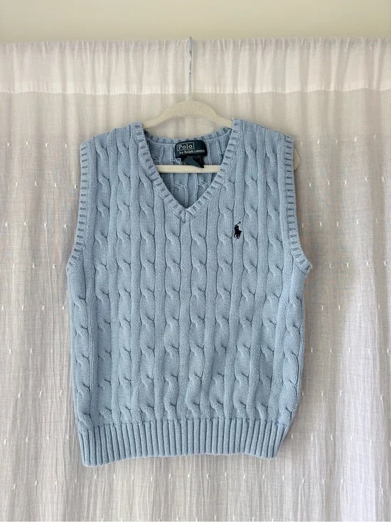 Polo by Ralph Lauren Light Blue Cable Knit V-Neck Sweater Vest