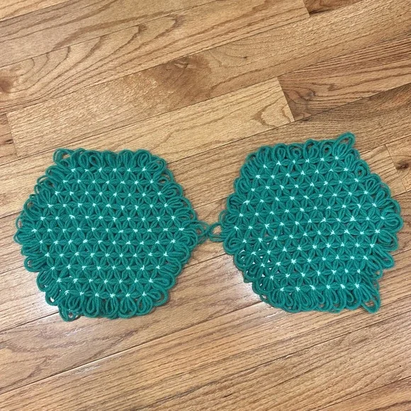 MCM Trivet Handmade Loom Crochet Hexagon Potholder Set Of 2 Kitchen‎ Decor Green