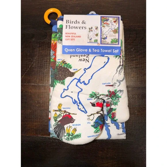 Hallifax New Zealand Birds & Flowers Oven Glove and Tea Towel Set MBF-GT‎ New