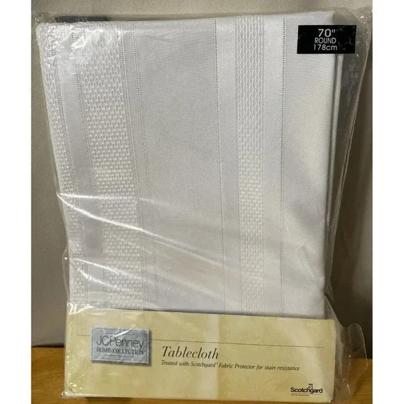 JCPenney Home Collection White Satin Stripe Round Tablecloth‎ 70” Scotchgard NEW
