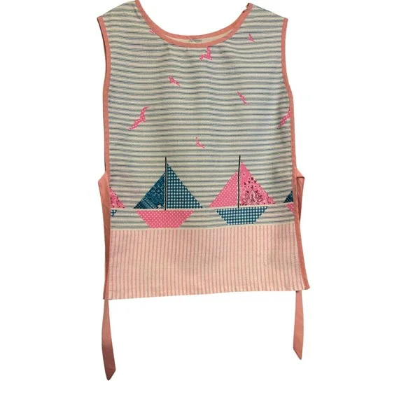Vintage Handmade Sailboat Apron Pink Blue Striped Nautical‎ Kitchen Cooking