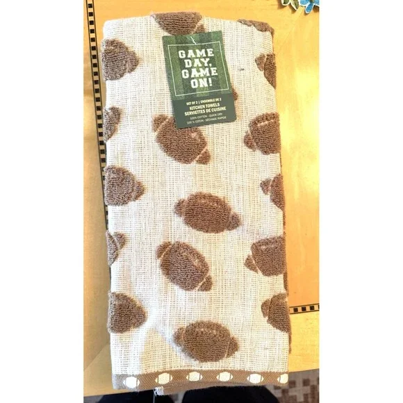 New Game Day Game On Kitchen Towels (2) Football Brown Cream 100% Cotton NWT