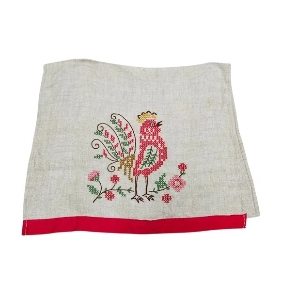 Vintage  Embroidered Rooster‎ Linen Kitchen Towel Farmhouse Cottagecore Country
