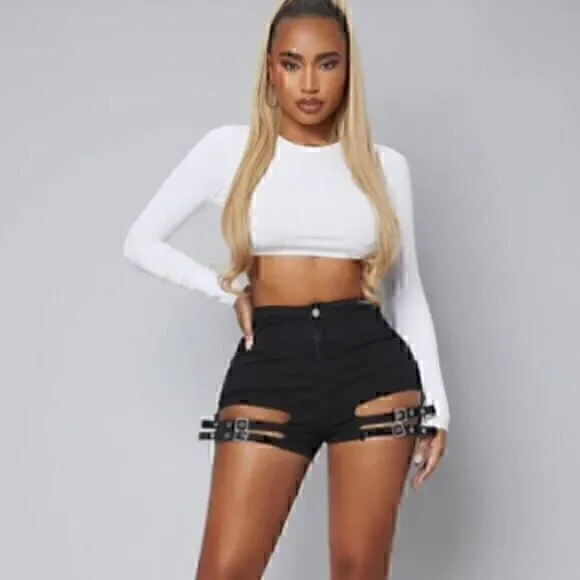 Shein High-waisted  Double Silver Buckle Black Cutout  Retro Shorts 31