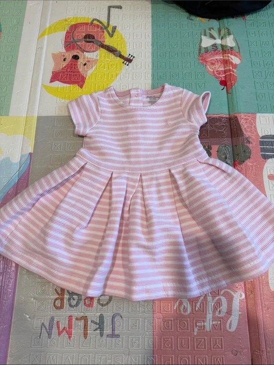 Ralph Lauren Pink and White Striped Pleated Baby Dress