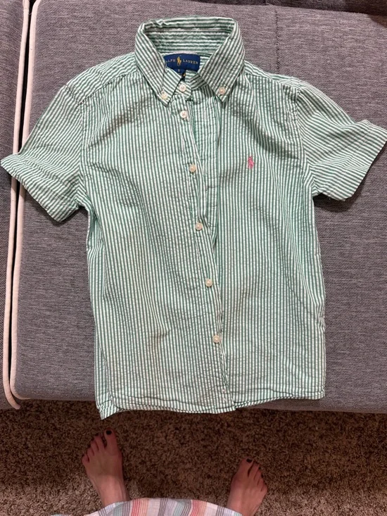 Ralph Lauren Green and White Striped Short-Sleeve Button-Down Shirt