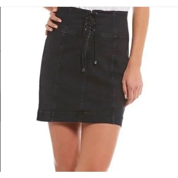 Free People Modern Femme Lace‎ Up Stonewashed Black Denim Mini Skirt Size 0