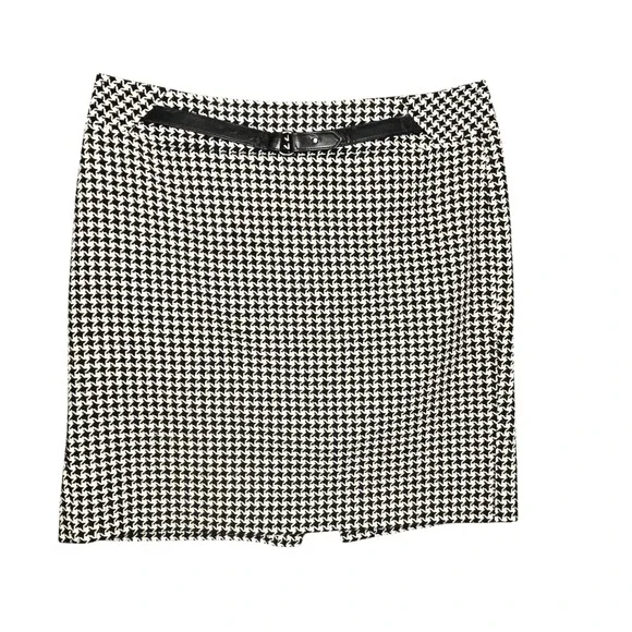 Ann Taylor Loft Houndstooth Pencil Skirt Wool Blend Size 14 Belted Knee‎ Length