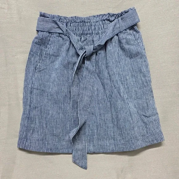 J.Crew Blue White Striped Linen‎ Cotton Paperbag Waist Skirt XS Tie Belt Pockets