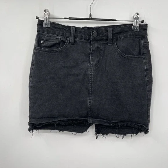 Kancan Jean Skirt Women S Black Denim Short Mini Raw Fray‎ Hem Stretch Med Wash