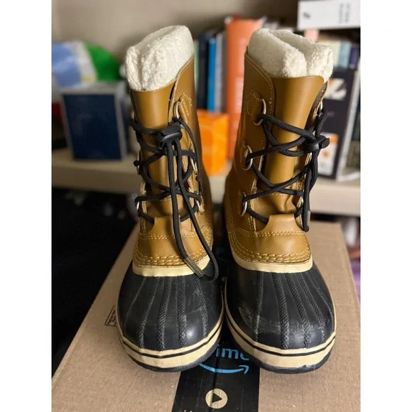 Sorel Yoot Pac Nylon Waterproof‎ Snow Rain Boot Tan Black Faux Fur Women's 5