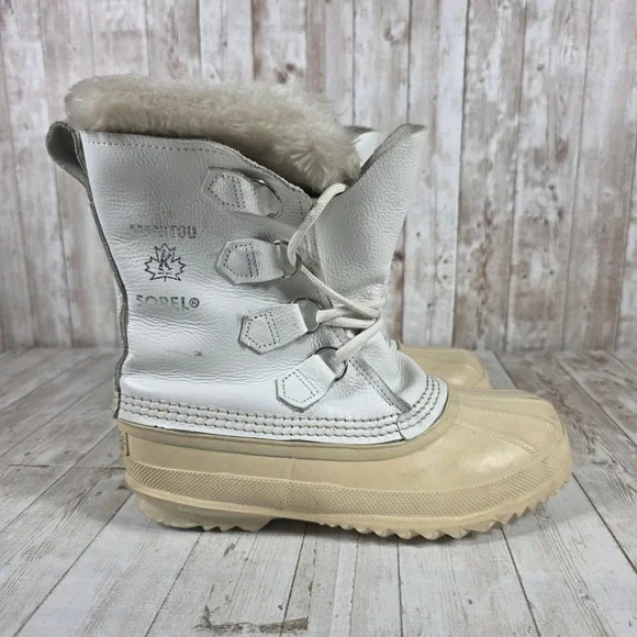 Sorel Manitou White Leather Snow Boots Womens 7‎ Made in Canada Duck Boots Fur