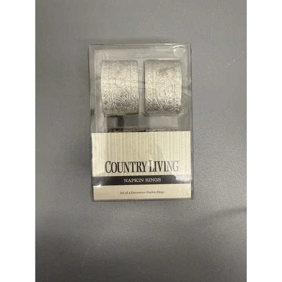 New Set of 4 Country Living Silver Color Embossed Metal Napkin Rings Vintage #20
