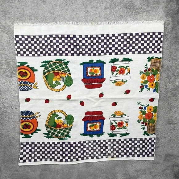 Vintage Kitchen Towel Kitchy Orange Jam Basket Check Cottagecore Country‎ Cotton