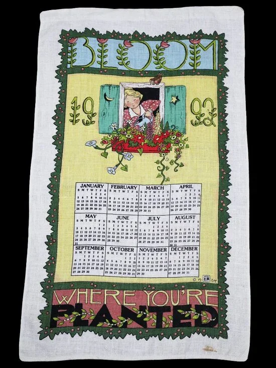 Mary Engelbreit 1992 Calendar Linen Tea Towel Vintage 90s Kitchen Kitsch Whimsy