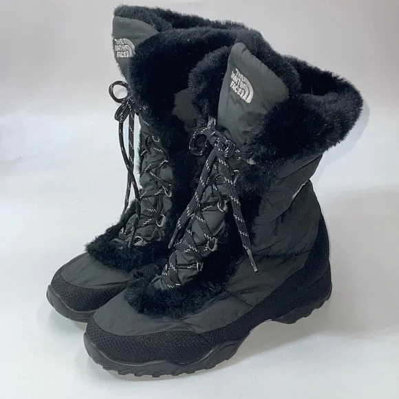 The North Face Nuptse Purna Womens 6.5 Goose Down Black Faux Fur Winter‎ Boots