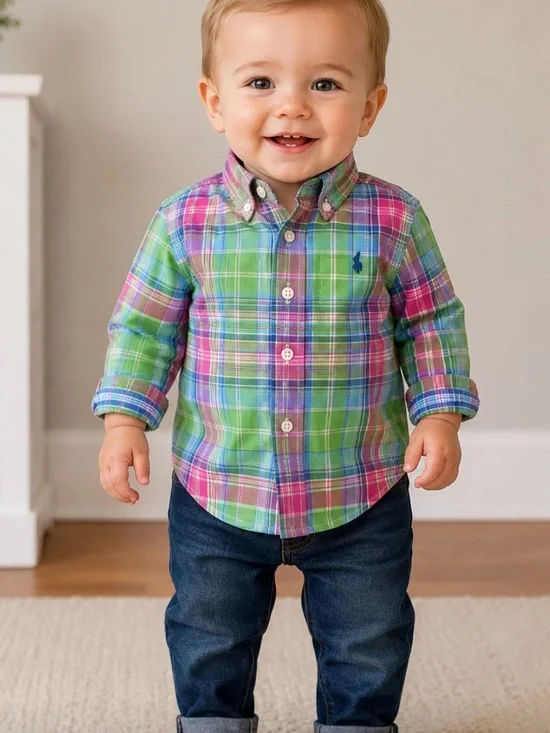 Ralph Lauren Plaid Button-Down Shirt in Green & Pink
