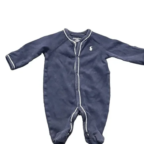 Ralph Lauren Blue Solid Cotton Knit LS Footed Snap One-Piece Sleeper NB