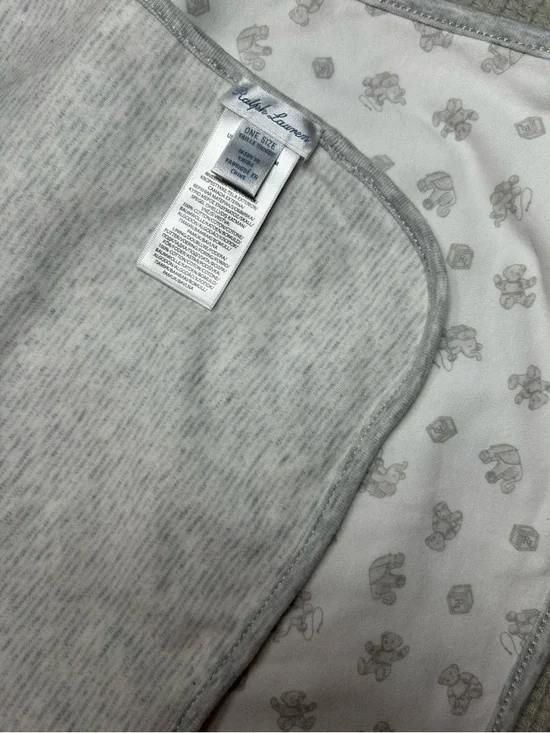 Ralph Lauren Heather Gray & White Baby Blanket with Teddy Print
